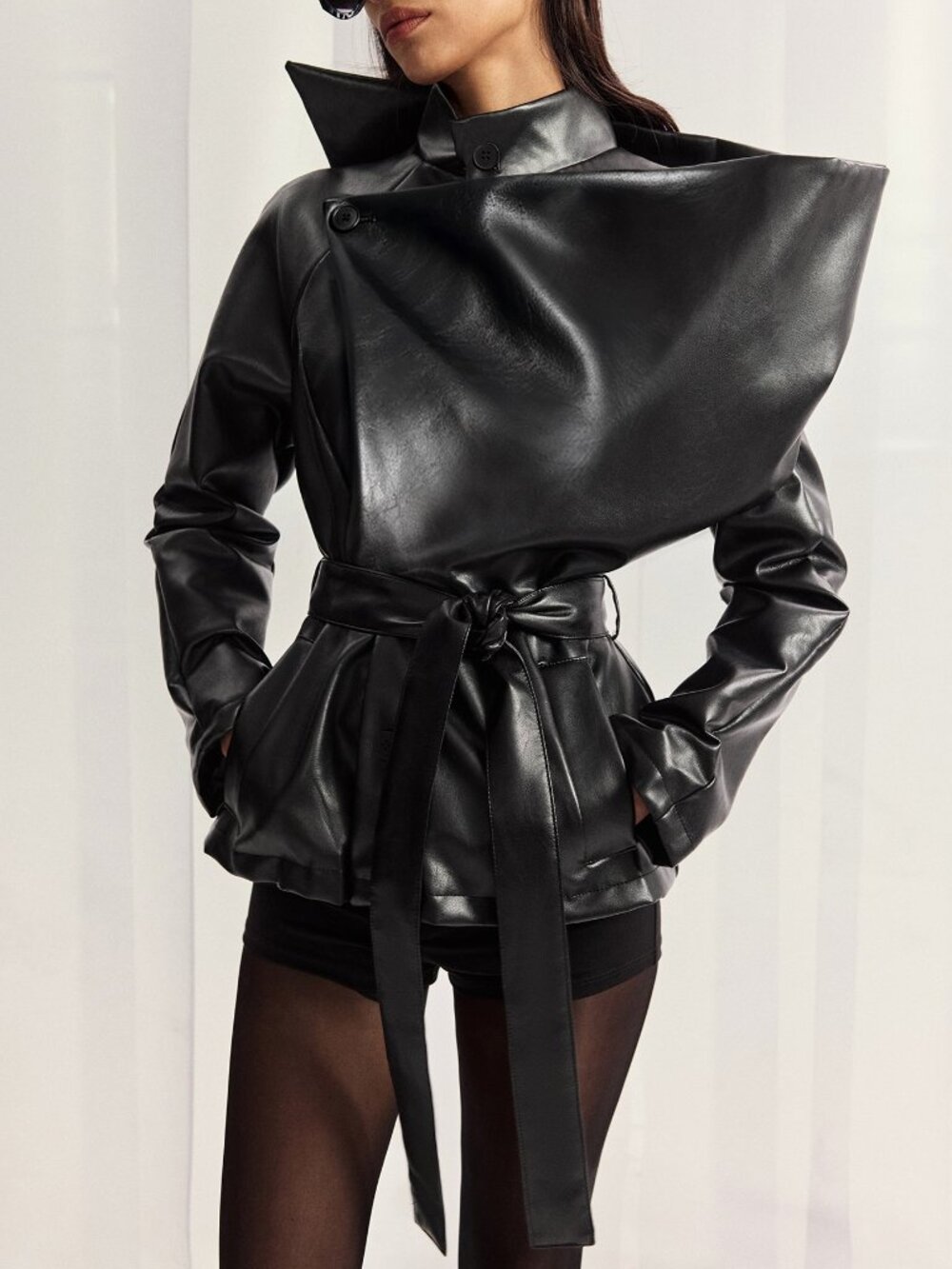 Black Casual Women's Belted Zip-Double Breasted Waist Knot Jacket